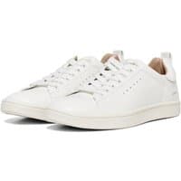 White polyurethane women's trainers with lace-up front, perforated side details, and tan interior accents.