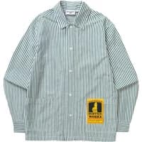 Green and white striped poplin overshirt with collar, button front, and yellow Service Works patch on lower left.