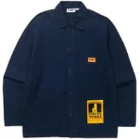 Navy blue Service Works twill chore overshirt with button front, chest pocket, and yellow logo patch on lower pocket.