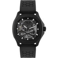 Black Philipp Plein Skeleton Spectre watch, automatic movement, black dial, skeleton design, black strap.