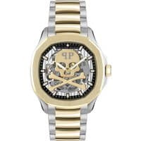 Gold and silver Philipp Plein Skeleton Spectre watch with skull design, two dials, and metallic bracelet.