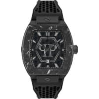 Black Philipp Plein men's watch with hexagon dial, silver markers, and textured black strap.