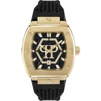 Gold-tone Philipp Plein men's watch with hexagon black dial, gold markers, and black perforated strap.