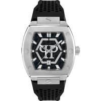Black dial men's watch with hexagon design, silver accents, and black perforated strap by Philipp Plein.