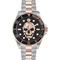Philipp Plein men's watch, black dial with skull design, rose gold and silver bracelet, bold indices and logo.