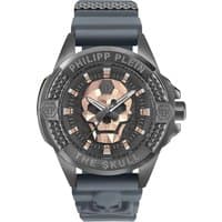 Grey Philipp Plein men's watch with skull design on dial, textured bezel, and grey strap.