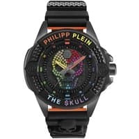 Black Philipp Plein men's watch with rainbow crystal skull design on dial, black strap, and bold branding.