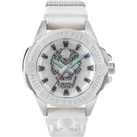 White Philipp Plein men's watch with crystal skull design, silver accents, and white strap.