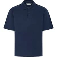Navy blue polo shirt with short sleeves, buttoned placket, and classic collar.