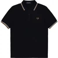 Black Fred Perry polo shirt with white twin tipping on collar and sleeves, featuring embroidered laurel wreath logo.