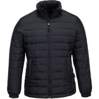 Black Portwest Aspen Ladies Baffle Jacket with horizontal quilting, front zipper, and high collar.