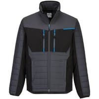 Grey Portwest Baffle Jacket, quilted design, black accents, blue zipper details, high collar, size S.