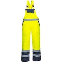 Yellow Portwest Contrast Bib & Brace, lined, with reflective stripes, adjustable straps, and black contrast patches, size XXL.