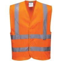 Orange Portwest hi-vis vest with silver reflective stripes, sleeveless, V-neck design, L/XL size.