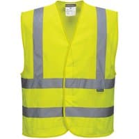 Yellow Portwest hi-vis vest with gray reflective stripes, sleeveless, S/M size, open front design.
