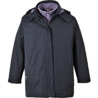 Navy Portwest Elgin Ladies Jacket, XS, with a hood, front zipper, and buttoned flap, featuring a purple inner lining.