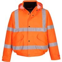 Orange Portwest Hi-Vis Bomber Jacket with reflective stripes, hood, and front pockets, size S.