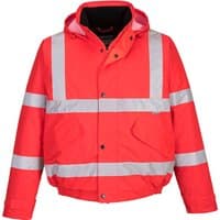 Red Portwest Hi-Vis Bomber Jacket, XXL, with reflective silver stripes and detachable hood.