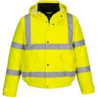 Yellow Portwest Hi-Vis Bomber Jacket, XL, with reflective silver stripes, hood, and front pockets.