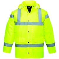 Yellow Portwest hi-vis breathable jacket, 3XL, with reflective silver stripes and hood.