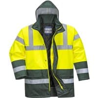 Yellow/green Portwest hi-vis traffic jacket, reflective stripes, hooded, zip closure, 3XL size.