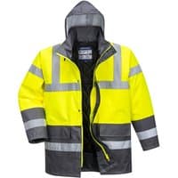 Yellow and grey Portwest hi-vis traffic jacket with reflective stripes and hood, size XXL.