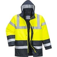 Yellow Portwest hi-vis traffic jacket with reflective stripes, black contrast panels, and detachable hood.