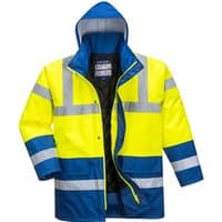 Yellow and royal blue hi-vis traffic jacket with reflective stripes, hood, and quilted lining.