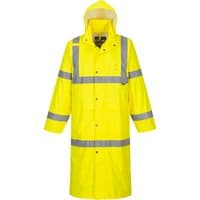 Yellow Portwest Hi-Vis rain coat, 122cm, with reflective stripes, hood, and snap buttons, size L.