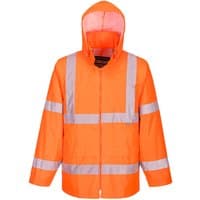 Orange Portwest Hi-Vis Rain Jacket with reflective stripes, hood, and front zipper, size M.
