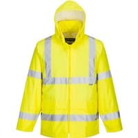Yellow Portwest hi-vis rain jacket with reflective stripes and hood, size L.