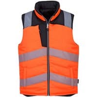 Orange and black reversible bodywarmer with reflective stripes and high collar, size XXL.