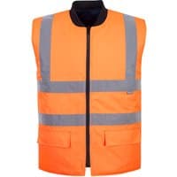 Orange Portwest hi-vis reversible bodywarmer, XXL, with reflective stripes and front pockets.