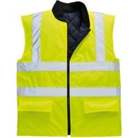 Yellow Portwest Hi-Vis reversible bodywarmer with reflective stripes, black quilted interior, and front pockets.