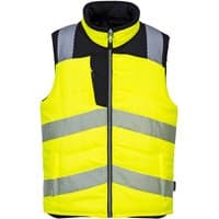 Yellow and black reversible hi-vis bodywarmer with reflective stripes and zip closure, by Portwest.