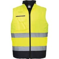 Yellow and navy Portwest hi-vis bodywarmer with reflective stripes, zip closure, and chest pocket, size XL.