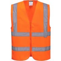 Orange Portwest hi-vis zipped vest with reflective silver stripes, sleeveless design, size XL.