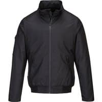 Black Portwest KX3 bomber jacket, XL, with high collar, zip closure, and ribbed cuffs and hem.