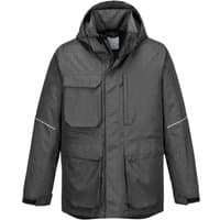 Grey marl Portwest KX3 parka jacket, XXL, with hood, multiple front pockets, and reflective accents on sleeves.
