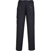 Black Portwest ladies action trousers, multiple zip pockets, straight leg, belt loops, reinforced knees.