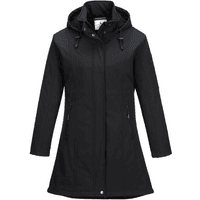 Black Portwest Ladies Carla Softshell Jacket 3L, XS, with hood, long sleeves, front zipper, and adjustable drawstrings.