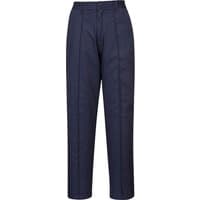 Navy Portwest ladies elasticated trousers with straight leg, regular fit, and belt loops.