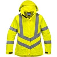 Yellow Portwest hi-vis jacket with reflective stripes, hood, and breathable fabric, designed for women, size L.