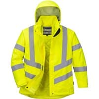 Yellow Portwest hi-vis winter jacket, XXL, with reflective silver stripes and detachable hood.