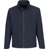 Navy blue softshell jacket with full front zipper, high collar, and long sleeves, designed for men by Portwest.