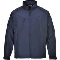 Navy Portwest Oregon softshell jacket with high collar, zip closure, and chest pocket, size XXL.
