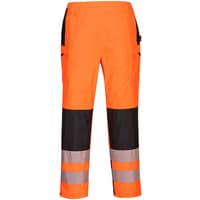 Orange and black Portwest PW3 ladies rain trousers with reflective bands and side pockets, size XXL.