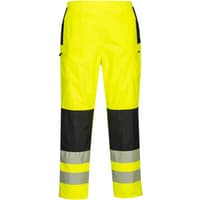 Yellow and black Portwest PW3 ladies rain trousers with reflective bands, elastic waistband, and side pockets, size XXL.