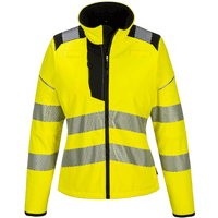 Yellow Portwest PW3 Ladies Softshell Jacket, XS, with reflective stripes, black accents, and high collar.