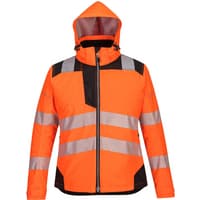 Orange and black Portwest PW3 ladies winter jacket, XS, with reflective stripes, hood, and zip closure.